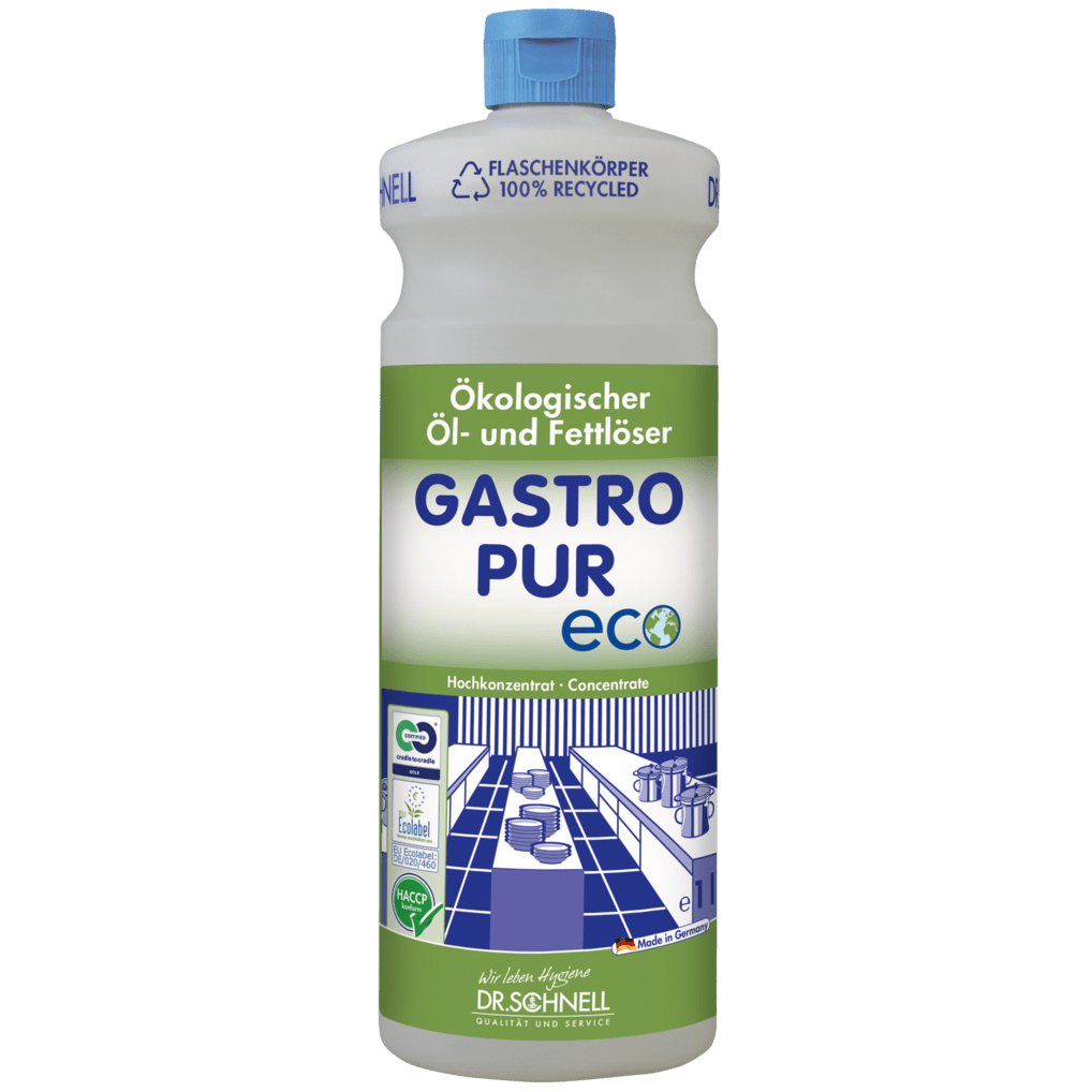 A bottle of Dr. Schnell GASTRO PUR ECO oil and grease remover for surfaces from DR.SCHNELL GmbH & Co. KGaA is equipped with a green and blue label, blue cap, recycling symbols, German text, and an illustration from the large kitchen.