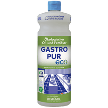 A bottle of Dr. Schnell GASTRO PUR ECO oil and grease remover for surfaces from DR.SCHNELL GmbH & Co. KGaA is equipped with a green and blue label, blue cap, recycling symbols, German text, and an illustration from the large kitchen.