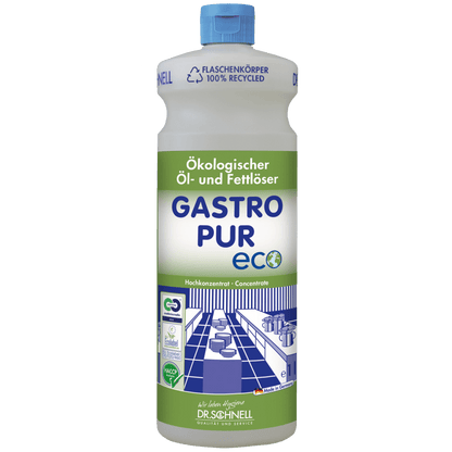 A bottle of Dr. Schnell GASTRO PUR ECO oil and grease remover for surfaces from DR.SCHNELL GmbH & Co. KGaA is equipped with a green and blue label, blue cap, recycling symbols, German text, and an illustration from the large kitchen.