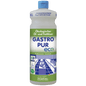 A bottle of Dr. Schnell GASTRO PUR ECO oil and grease remover for surfaces from DR.SCHNELL GmbH & Co. KGaA is equipped with a green and blue label, blue cap, recycling symbols, German text, and an illustration from the large kitchen.