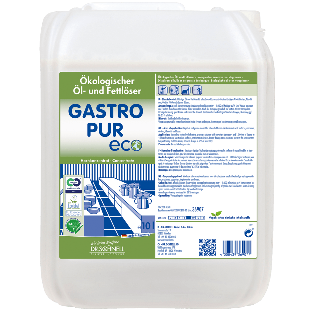 A 10-liter container of Dr. Schnell GASTRO PUR ECO oil and grease remover for surfaces from DR.SCHNELL GmbH & Co. KGaA displays product details, certifications, application instructions, and kitchen graphics in green, blue, and white on the label.