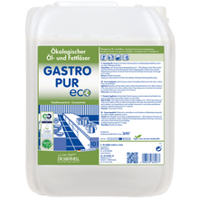 A 10-liter container of Dr. Schnell GASTRO PUR ECO oil and grease remover for surfaces from DR.SCHNELL GmbH & Co. KGaA displays product details, certifications, application instructions, and kitchen graphics in green, blue, and white on the label.