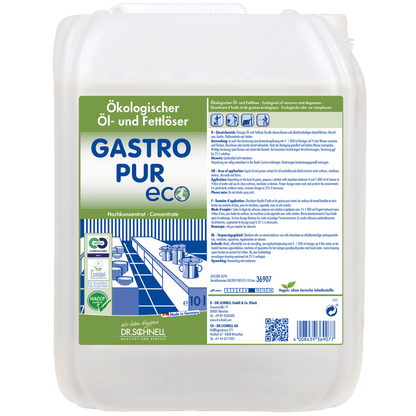 A 10-liter container of Dr. Schnell GASTRO PUR ECO oil and grease remover for surfaces from DR.SCHNELL GmbH & Co. KGaA displays product details, certifications, application instructions, and kitchen graphics in green, blue, and white on the label.