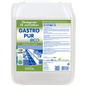 A 10-liter container of Dr. Schnell GASTRO PUR ECO oil and grease remover for surfaces from DR.SCHNELL GmbH & Co. KGaA displays product details, certifications, application instructions, and kitchen graphics in green, blue, and white on the label.