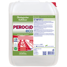 A large white container with a red lid and the label "Dr. Schnell PEROCID ECO Descaler for Surfaces" from DR.SCHNELL GmbH & Co. KGaA, with German text and eco-friendly cleaning symbols, ideal for surface descaling.