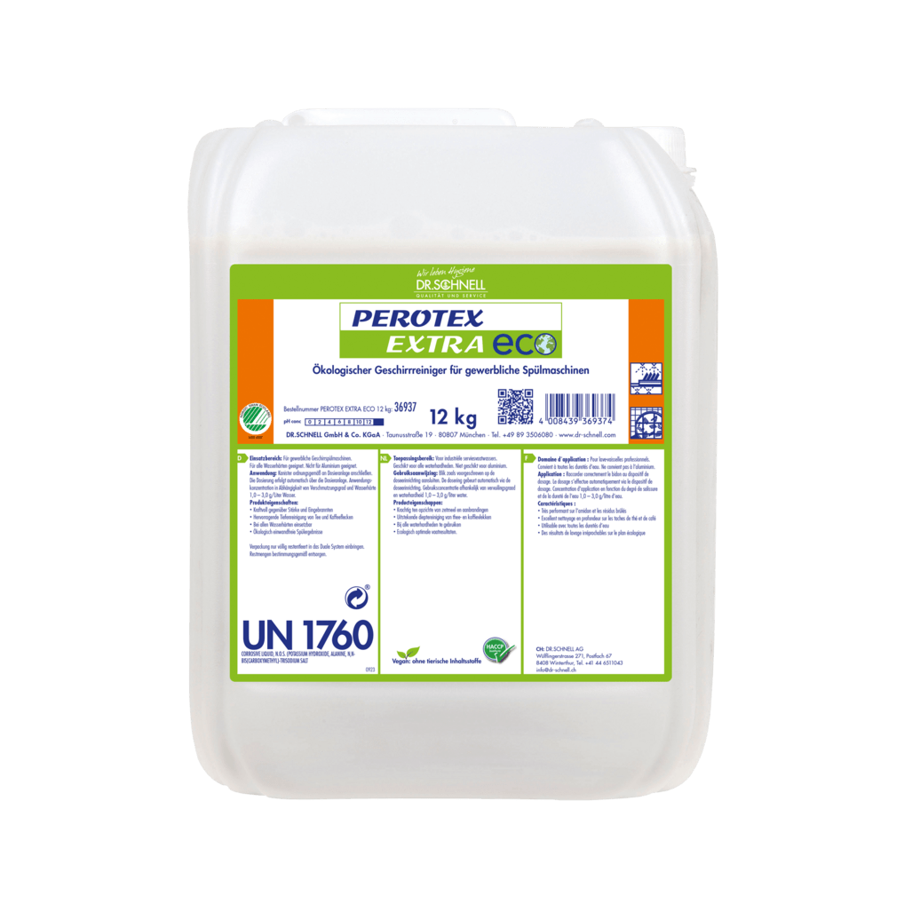 A 12 kg white plastic container from Dr. Schnell PEROTEX EXTRA ECO dishwashing detergent for commercial dishwashers by DR.SCHNELL GmbH & Co. KGaA, with a green-orange label, product information, and safety symbols.