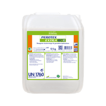 A 12 kg white plastic container from Dr. Schnell PEROTEX EXTRA ECO dishwashing detergent for commercial dishwashers by DR.SCHNELL GmbH & Co. KGaA, with a green-orange label, product information, and safety symbols.