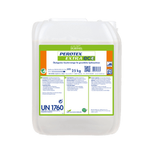 A 25 kg transparent plastic container with a green-white DR.SCHNELL GmbH & Co. KGaA label for Dr. Schnell PEROTEX EXTRA ECO dishwashing detergent for commercial dishwashers, with product information, instructions, and safety symbols.