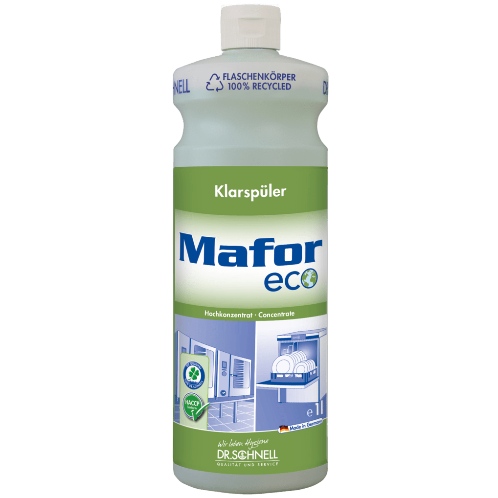 A 1L bottle Dr. Schnell MAFOR ECO rinse aid for dishwashers from DR.SCHNELL GmbH & Co. KGaA features a green-white label with eco-friendly symbols and a dishwasher image for streak-free dishes.