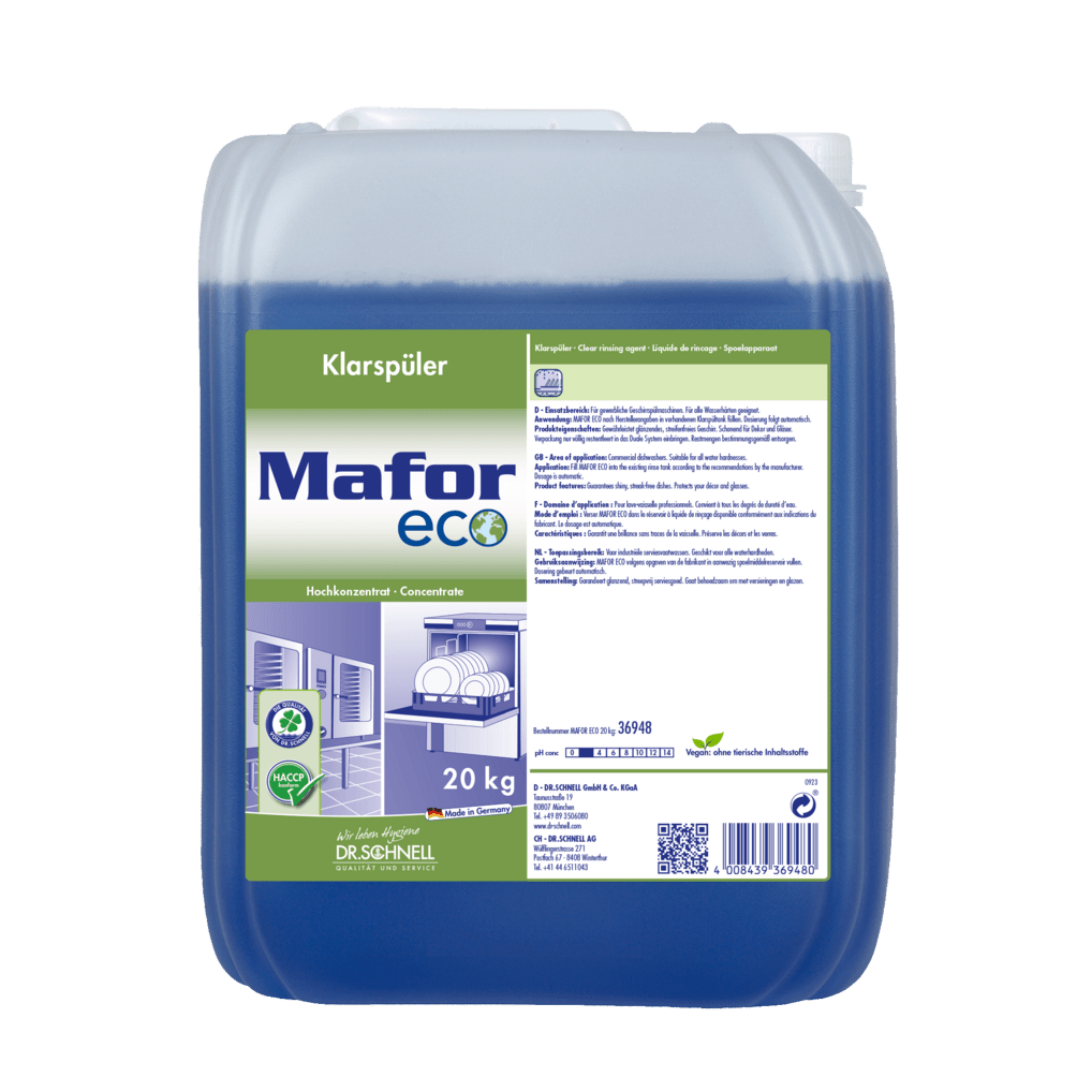 A 20 kg plastic container with Dr. Schnell MAFOR ECO rinse aid for dishwashers from DR.SCHNELL GmbH & Co. KGaA, an environmentally friendly blue rinse aid with a label showing dishes and eco-symbols, indicating streak-free results in dishwashers.