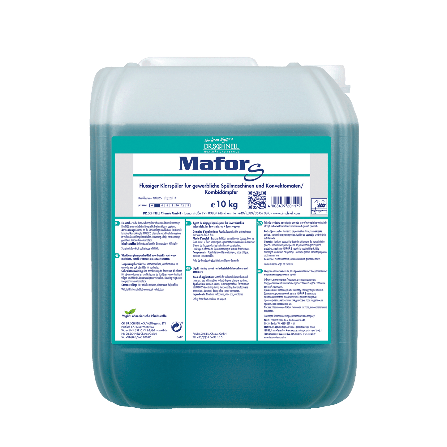 A 10 kg transparent plastic container from DR.SCHNELL GmbH & Co. KGaA Dr. Schnell MAFOR EVO S rinse aid for dishwashers, blue-green liquid with German label, for streak-free drying and effective lime prevention.