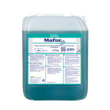 A 10 kg transparent plastic container from DR.SCHNELL GmbH & Co. KGaA Dr. Schnell MAFOR EVO S rinse aid for dishwashers, blue-green liquid with German label, for streak-free drying and effective lime prevention.