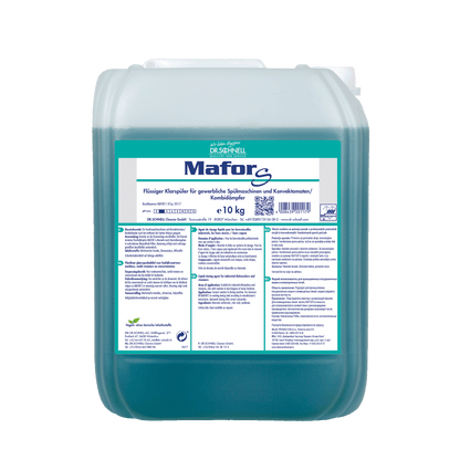 A 10 kg transparent plastic container from DR.SCHNELL GmbH & Co. KGaA Dr. Schnell MAFOR EVO S rinse aid for dishwashers, blue-green liquid with German label, for streak-free drying and effective lime prevention.