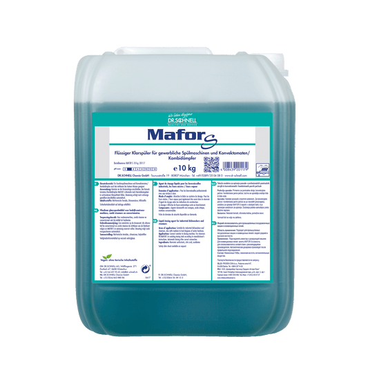 A 10 kg transparent plastic container from DR.SCHNELL GmbH & Co. KGaA Dr. Schnell MAFOR EVO S rinse aid for dishwashers, blue-green liquid with German label, for streak-free drying and effective lime prevention.