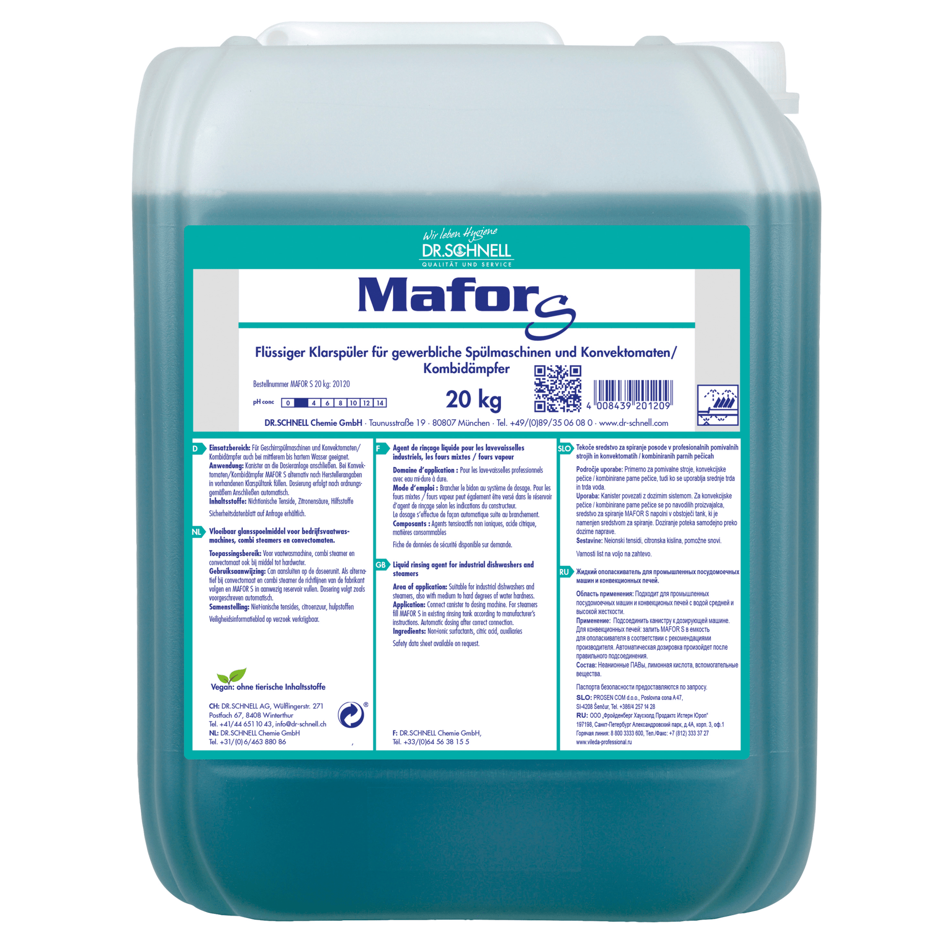 A 20 kg plastic container Dr. Schnell MAFOR EVO S rinse aid for dishwashers from DR.SCHNELL GmbH & Co. KGaA, for streak-free drying and lime prevention; label with information, instructions, and warnings in German.