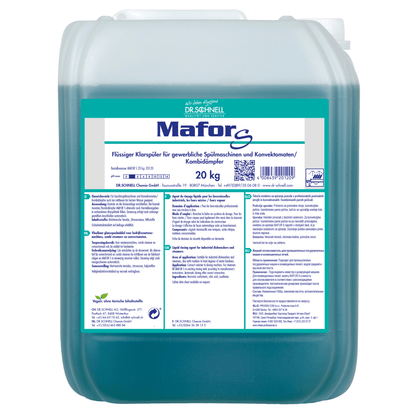 A 20 kg plastic container Dr. Schnell MAFOR EVO S rinse aid for dishwashers from DR.SCHNELL GmbH & Co. KGaA, for streak-free drying and lime prevention; label with information, instructions, and warnings in German.
