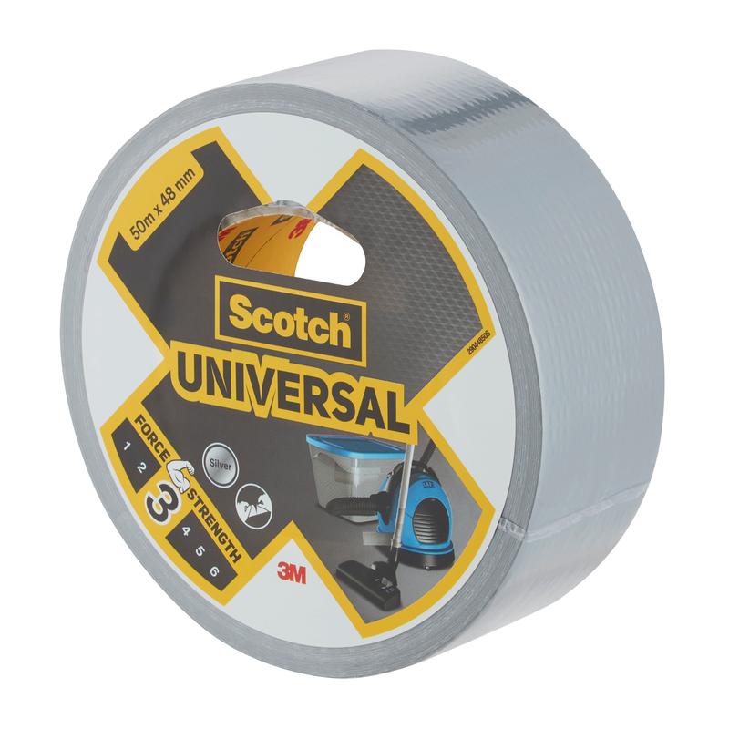 A 50 m x 48 mm roll of Scotch® Universal Tape 2904 from 3M Deutschland GmbH with packaging that indicates the brand, strength class, and images of possible applications.