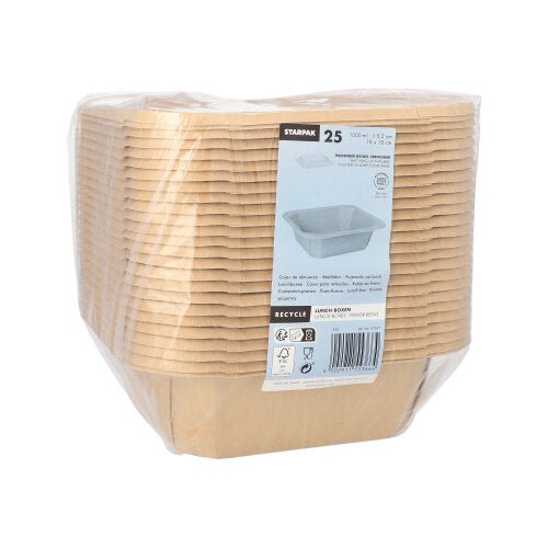 A pack wrapped in transparent plastic wrap contains 25 brown rectangular Starpak 25 lunch boxes, square cardboard. The front label shows product information, the Starpak brand, the eco-claim, and recycling symbols.