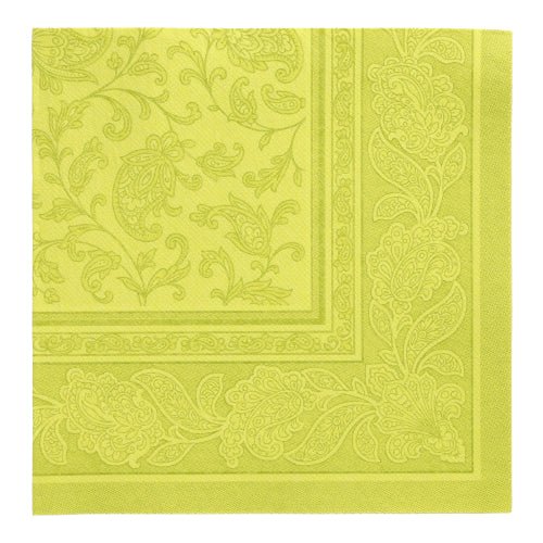 The green, square paper napkin from the PAPSTAR "ROYAL Collection" (40 x 40 cm, 1/4 folded) of the PAPSTAR GmbH shows an ornate paisley pattern and a decorative border with floral and leaf motifs.