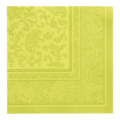 The green, square paper napkin from the PAPSTAR "ROYAL Collection" (40 x 40 cm, 1/4 folded) of the PAPSTAR GmbH shows an ornate paisley pattern and a decorative border with floral and leaf motifs.