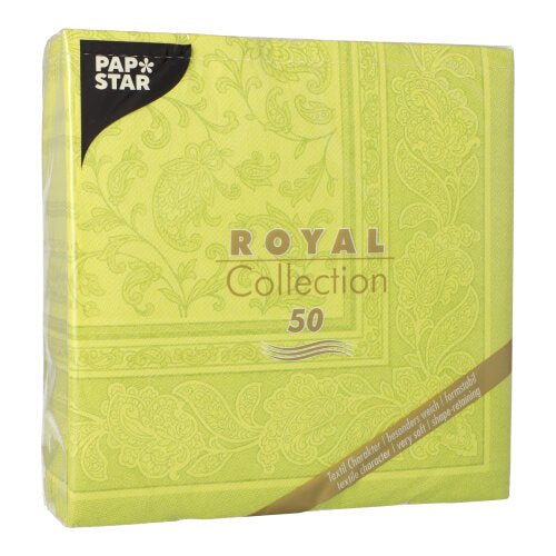 A green package PAPSTAR 50 napkins "ROYAL Collection" (40 x 40 cm, 1/4-fold) of the PAPSTAR GmbH, adorned with an artistic pattern and branding - ideal for festive occasions.