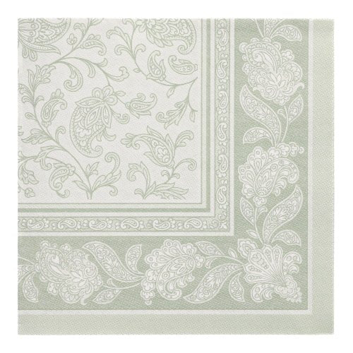 Add elegance to your table with the PAPSTAR 50 napkins "ROYAL Collection" 1/4-fold (40 x 40 cm, green) of the PAPSTAR GmbH with light green-white paisley floral pattern and decorative border - ideal for festive occasions.