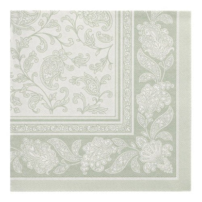 Add elegance to your table with the PAPSTAR 50 napkins "ROYAL Collection" 1/4-fold (40 x 40 cm, green) of the PAPSTAR GmbH with light green-white paisley floral pattern and decorative border - ideal for festive occasions.