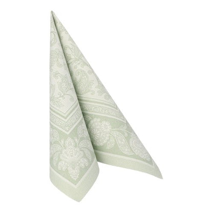 A light green PAPSTAR GmbH 50 napkins "ROYAL Collection" 1/4-fold napkin (40 x 40 cm) with white paisley and floral patterns, folded upright into a peak, on a white background.