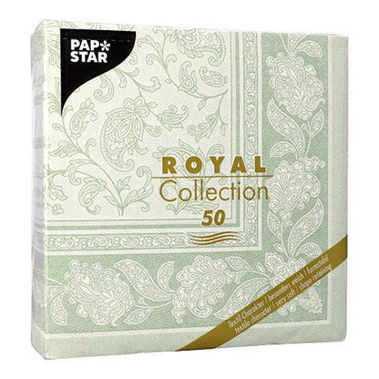 The 50 napkins "ROYAL Collection" 1/4-fold by PAPSTAR GmbH in the format 40 x 40 cm in green are decorated with a decorative white paisley pattern and an elegant gold-white front text.