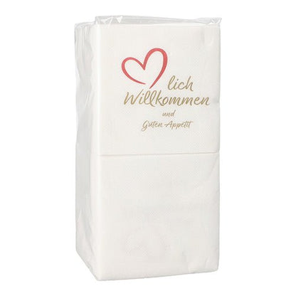 A pack of PAPSTAR 125 napkins, 2-ply "PUNTO", 1/4-fold (20x20 cm, micro-embossed) from PAPSTAR GmbH – adorned with a red heart and the inscription "Welcome and Enjoy Your Meal", perfect for special occasions.