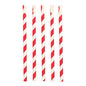Five PAPSTAR straws with spoons, red/white "Stripes" (23 cm, Ø 10 mm) from PAPSTAR GmbH stand upright in a row, each with diagonal red and white stripes and an angled spoon-shaped tip on a white background.