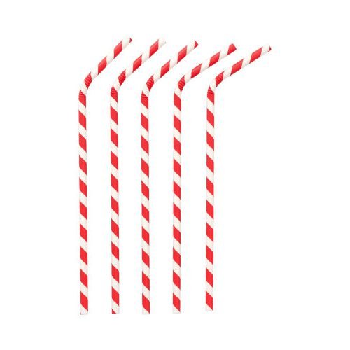 Five PAPSTAR paper straws red/white "Stripes", flexible, 22 cm (PAPSTAR GmbH) lie side by side on a white background, each eco-friendly straw is bent at the same angle at the top.