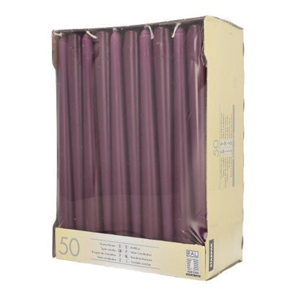 A box of 50 Starpak taper candles (Ø 2.2 cm - 25 cm) in purple with a long burn time, neatly arranged vertically in a clear package with a beige cardboard back displaying product information.