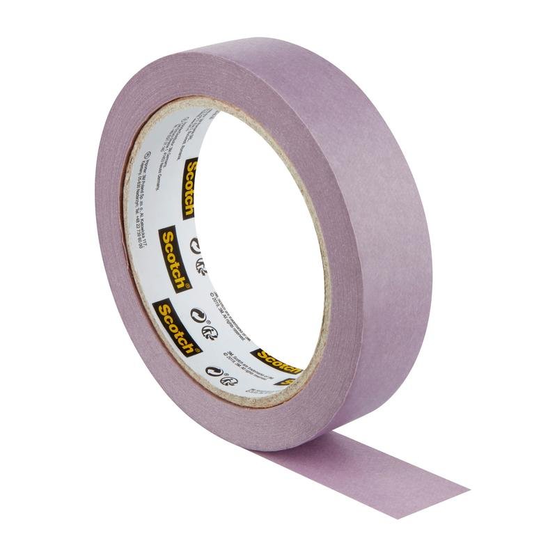 A roll of 3M Scotch® painter's masking tape for delicate surfaces (24 mm x 41 m) with the adhesive side down, partially unrolled, on a white surface. 100% PEFC, 1 roll/package.