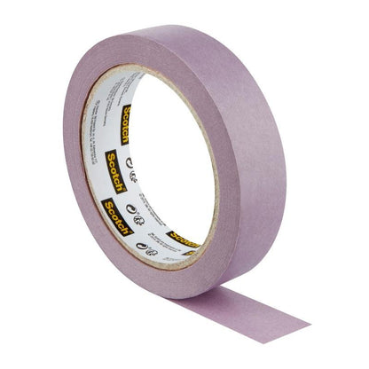 A roll of 3M Scotch® painter's masking tape for delicate surfaces (24 mm x 41 m) with the adhesive side down, partially unrolled, on a white surface. 100% PEFC, 1 roll/package.