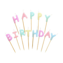 The PAPSTAR letter candle set features pastel-colored letter candles with the inscription "Happy Birthday" (8 cm), each on a wooden stick. Available in pink, yellow, blue, purple, and green. Sold in a box with 12 packs by PAPSTAR GmbH.