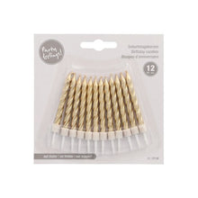 A pack of 12 PAPSTAR birthday candles (6 cm) with holders from PAPSTAR GmbH, gold-white spiral candles in a plastic package with the inscription "Party feelings!" and "Birthday candles" in several languages.