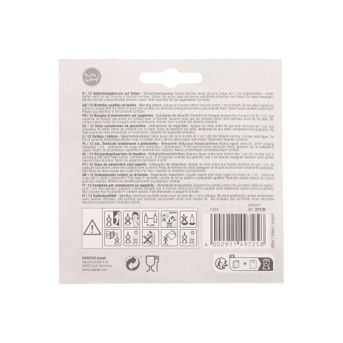 The back of the PAPSTAR 12 birthday candles on holder 6 cm packaging from PAPSTAR GmbH is provided with a multilingual instruction, care symbols, a barcode at the bottom right, and a hanging tab at the top center.