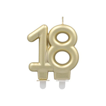 PAPSTAR Anniversary candles with holder 7 cm "gold" from PAPSTAR GmbH, in the shape of the number 18 with two white holders, on a white base - ideal as birthday candles or festive candles with holder for special occasions.