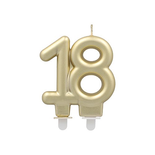 PAPSTAR Anniversary candles with holder 7 cm "gold" from PAPSTAR GmbH, in the shape of the number 18 with two white holders, on a white base - ideal as birthday candles or festive candles with holder for special occasions.