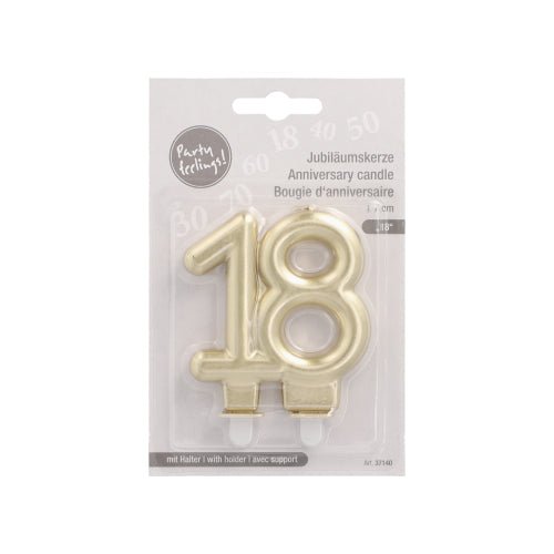 The PAPSTAR anniversary candles with holder 7 cm "gold" from PAPSTAR GmbH is a golden number 18 candle in clear packaging with German, English, and French text - ideal as birthday candles or candles with holder for celebrations.