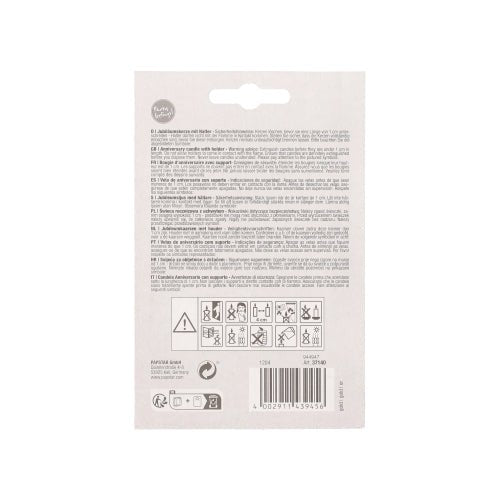 The back of a PAPSTAR anniversary candles with holder 7 cm "gold" (by PAPSTAR GmbH) package is equipped with multilingual text, warning and recycling symbols, a barcode below, and a central hanging tab - ideal for birthdays or candles with holder.