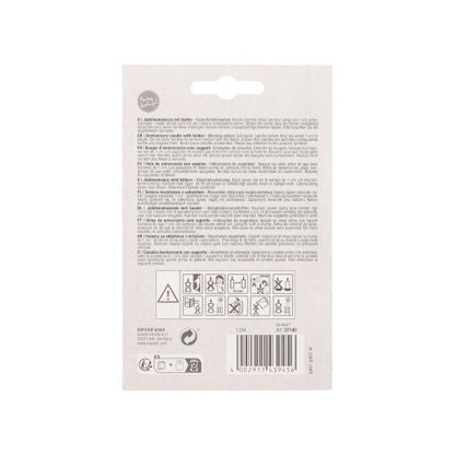 The back of a PAPSTAR anniversary candles with holder 7 cm "gold" (by PAPSTAR GmbH) package is equipped with multilingual text, warning and recycling symbols, a barcode below, and a central hanging tab - ideal for birthdays or candles with holder.