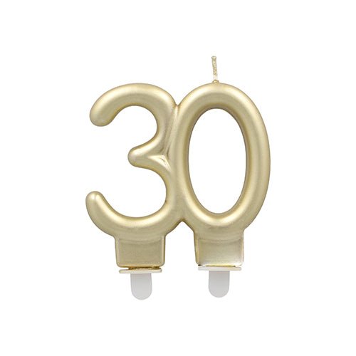 The PAPSTAR GmbH anniversary candles with holder 7 cm "gold" is a gold-colored candle in the shape of the number 30 with two white bases for easy placement - ideal as birthday candles for anniversary celebrations.