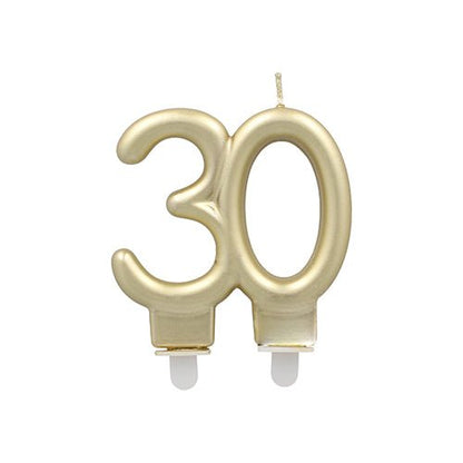 The PAPSTAR GmbH anniversary candles with holder 7 cm "gold" is a gold-colored candle in the shape of the number 30 with two white bases for easy placement - ideal as birthday candles for anniversary celebrations.