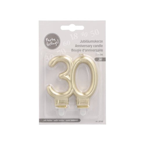 PAPSTAR anniversary candles with holder 7 cm "gold" from PAPSTAR GmbH: number 30 anniversary candles with holder, labeled in German, English, and French for easy birthday celebrations.