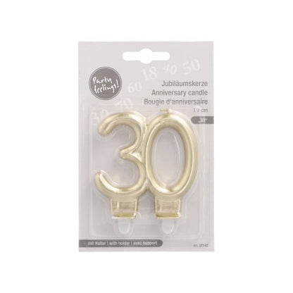 PAPSTAR anniversary candles with holder 7 cm "gold" from PAPSTAR GmbH: number 30 anniversary candles with holder, labeled in German, English, and French for easy birthday celebrations.