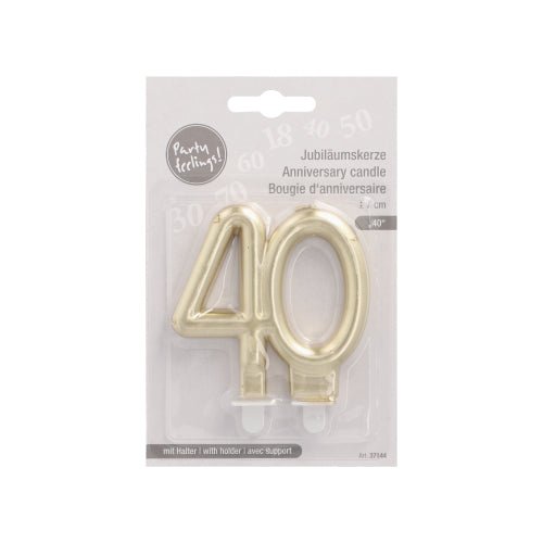 The PAPSTAR GmbH anniversary candles with holder 7 cm "gold" is a golden number 40 candle in clear packaging with multilingual labeling, complete with holder - ideal for anniversary celebrations.