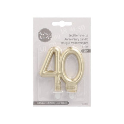 The PAPSTAR GmbH anniversary candles with holder 7 cm "gold" is a golden number 40 candle in clear packaging with multilingual labeling, complete with holder - ideal for anniversary celebrations.