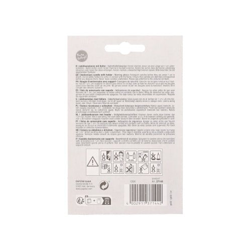 On the back of the PAPSTAR anniversary candles with holder 7 cm "gold" packaging of the PAPSTAR GmbH are multilingual instructions, safety and recycling symbols, mostly small text, a barcode at the bottom right, and information about the candle holder.
